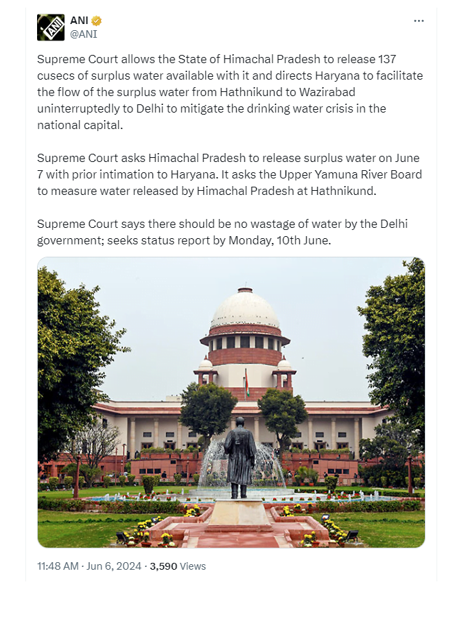 Supreme Court strict on water crisis in Delhi, orders to Haryana and Himachal Pradesh